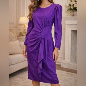 Vintage Nora Noh Purple Dress Size 10 | Statement Draped Waist Midi